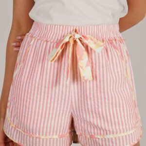 Light Pink Floral Trim Ribbon Knot Striped Casual Shorts