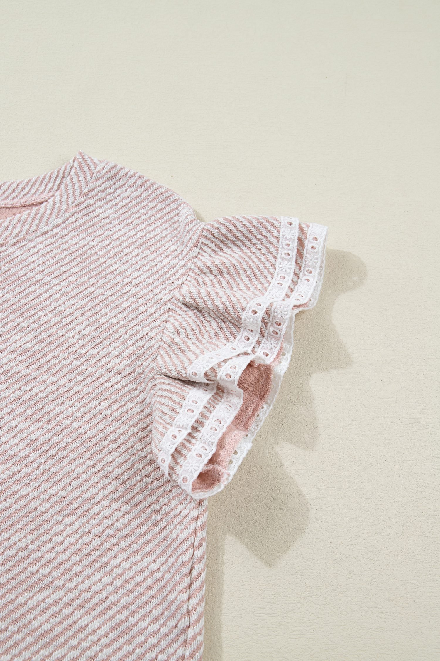 Light Pink Twilled Print Lace Trim Ruffled Short Sleeve Blouse