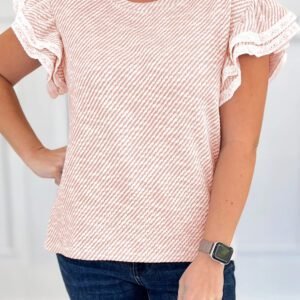 Light Pink Twilled Print Lace Trim Ruffled Short Sleeve Blouse