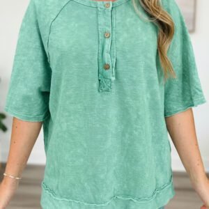 Mint Green Half Buttons Raw Seam Raglan Sleeve Mineral Wash T Shirt
