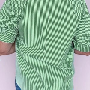 Mint Green Striped Print Collared Split Neck Half Sleeve Blouse