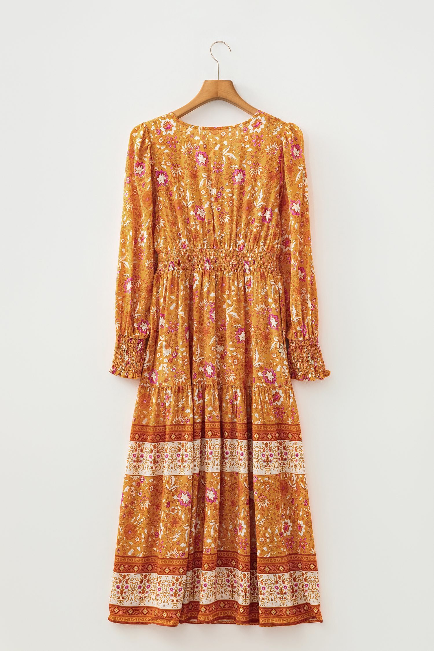 Orange Floral Print Smocked Waist Long Sleeve Boho Maxi Dress