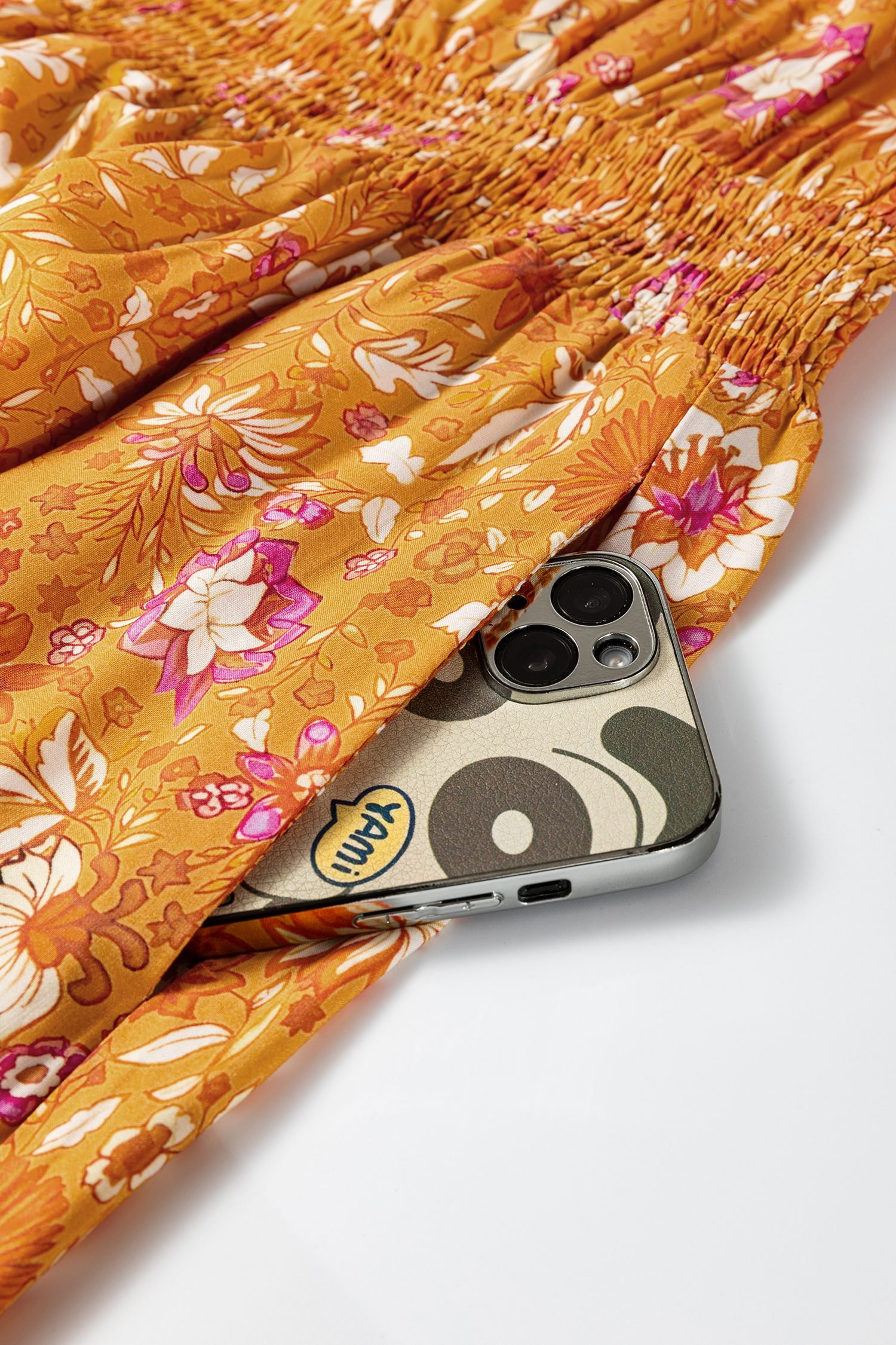 Orange Floral Print Smocked Waist Long Sleeve Boho Maxi Dress