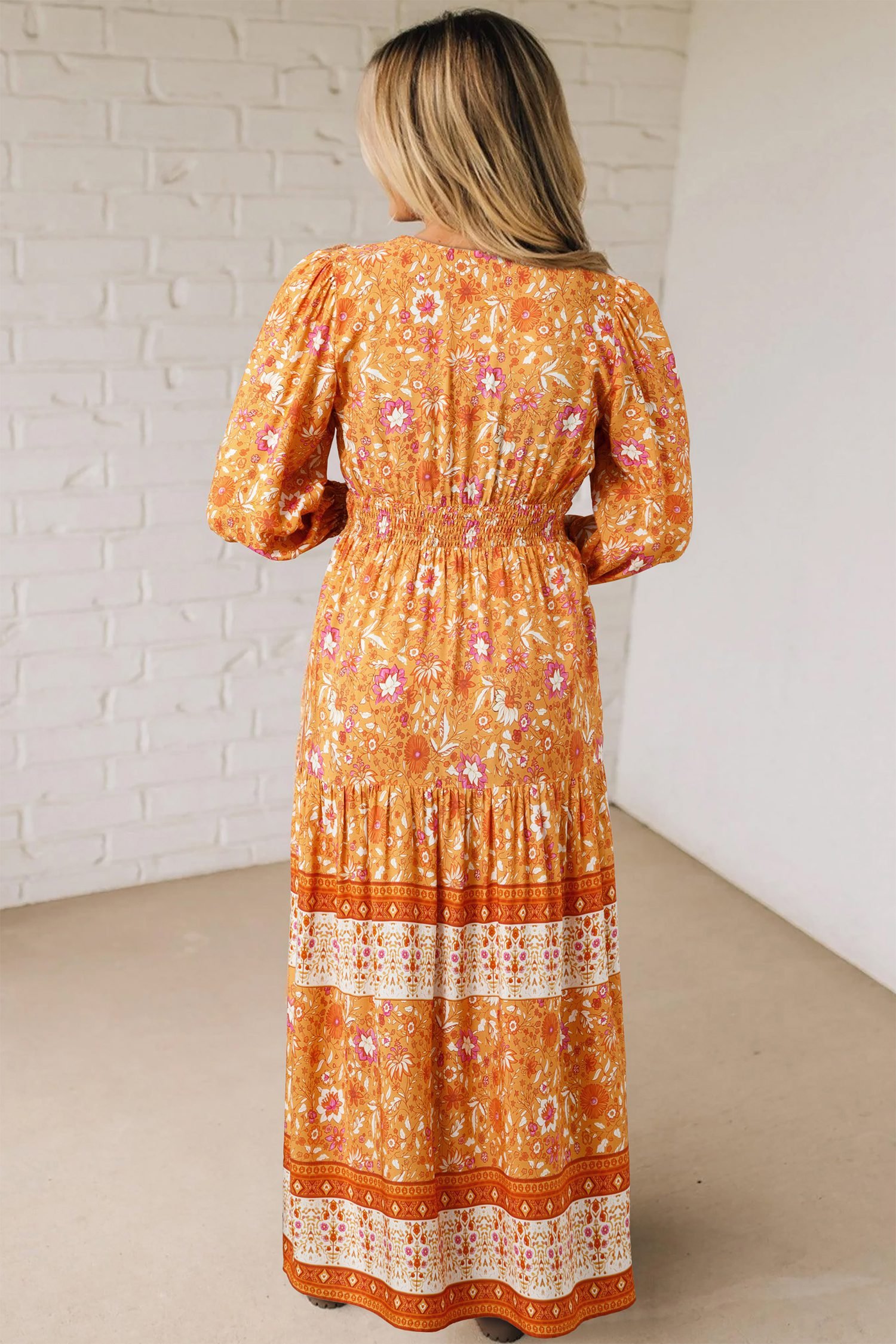 Orange Floral Print Smocked Waist Long Sleeve Boho Maxi Dress