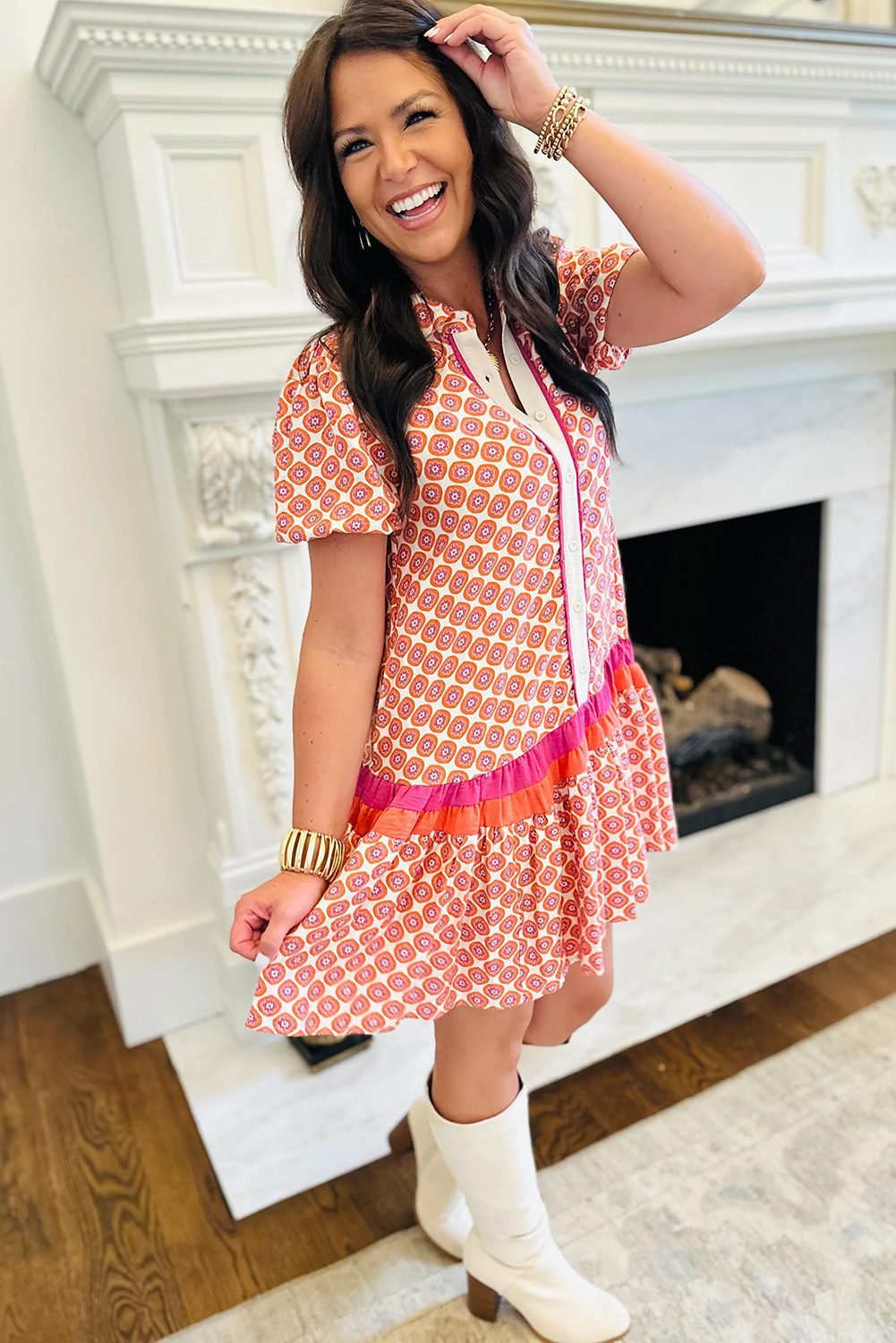 Orange Geometric Floral Print Color Block Trim Button Front Ruffle Hem Dress