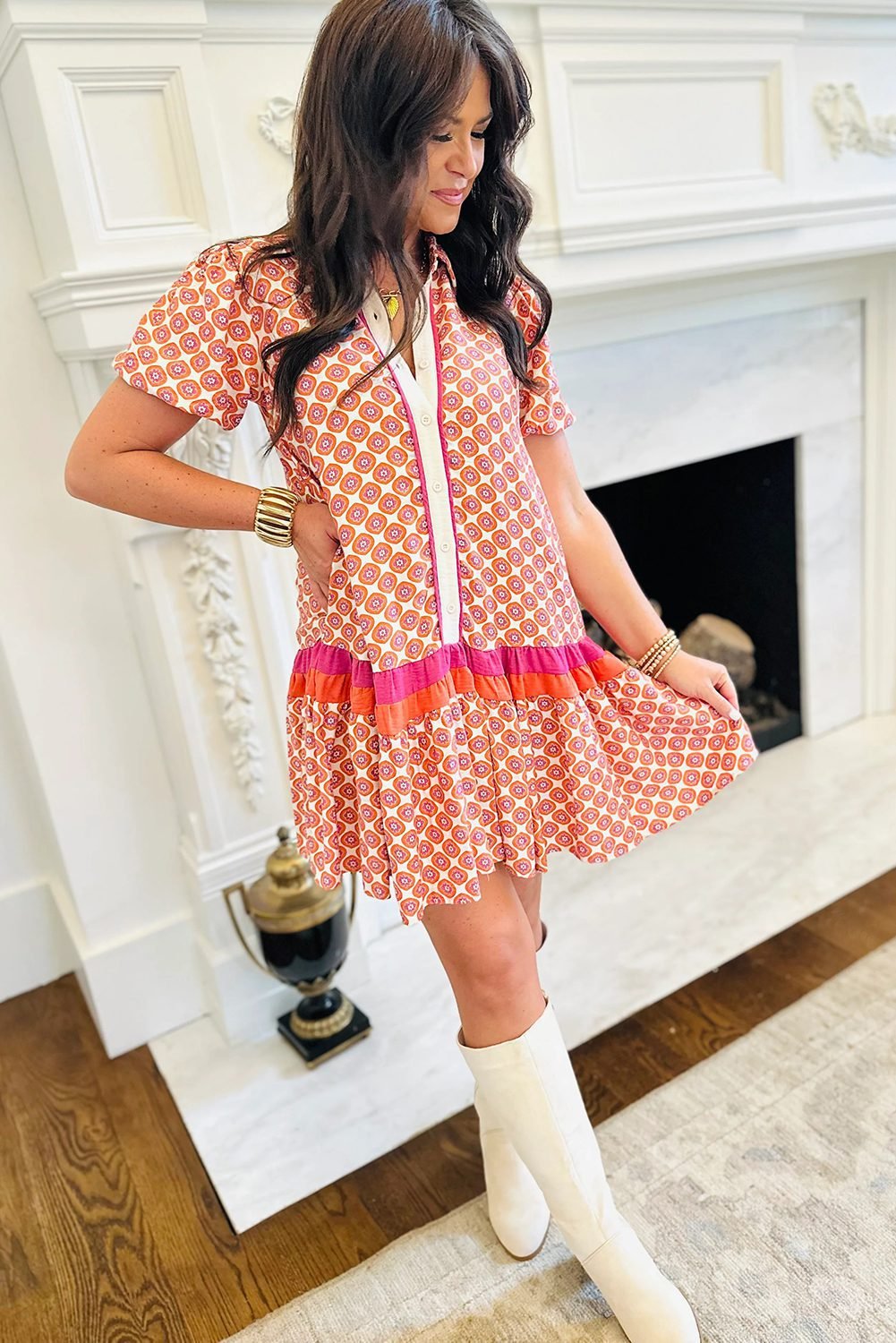 Orange Geometric Floral Print Color Block Trim Button Front Ruffle Hem Dress