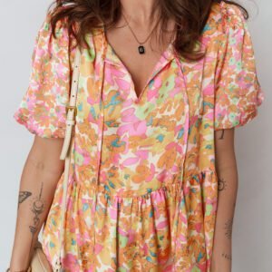 Orange Split V Neck Short Sleeve Flower Blouse