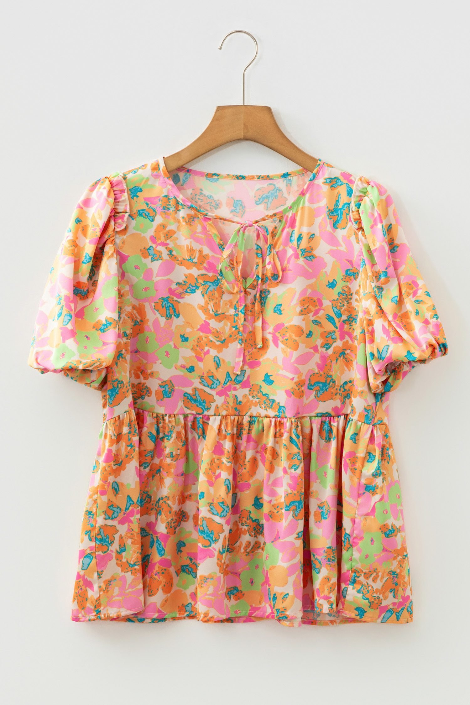 Orange Split V Neck Short Sleeve Flower Blouse
