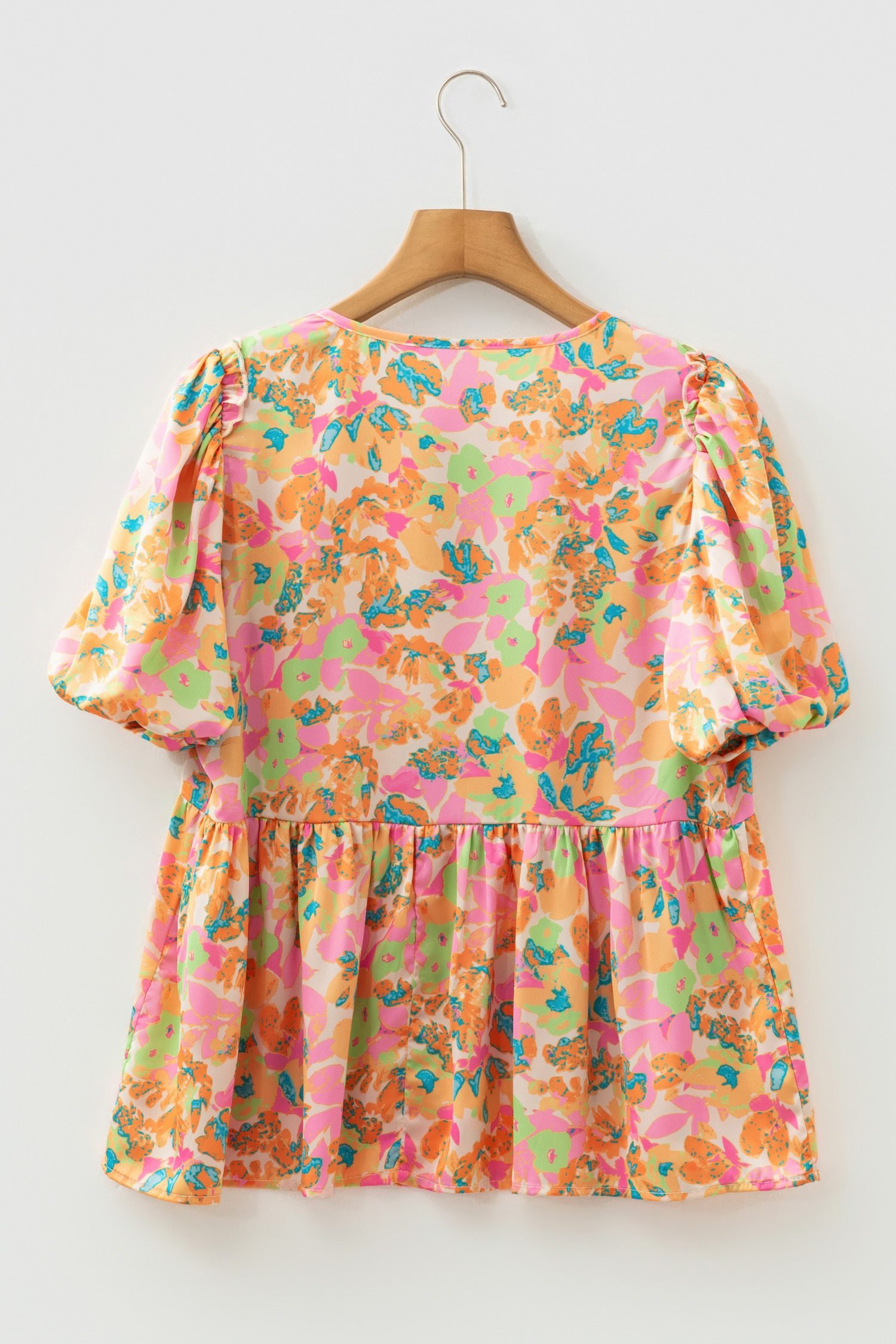 Orange Split V Neck Short Sleeve Flower Blouse