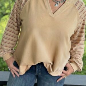 Parchment Striped Raglan Sleeve Notched Neck Raw Edge Plus Size Jumper
