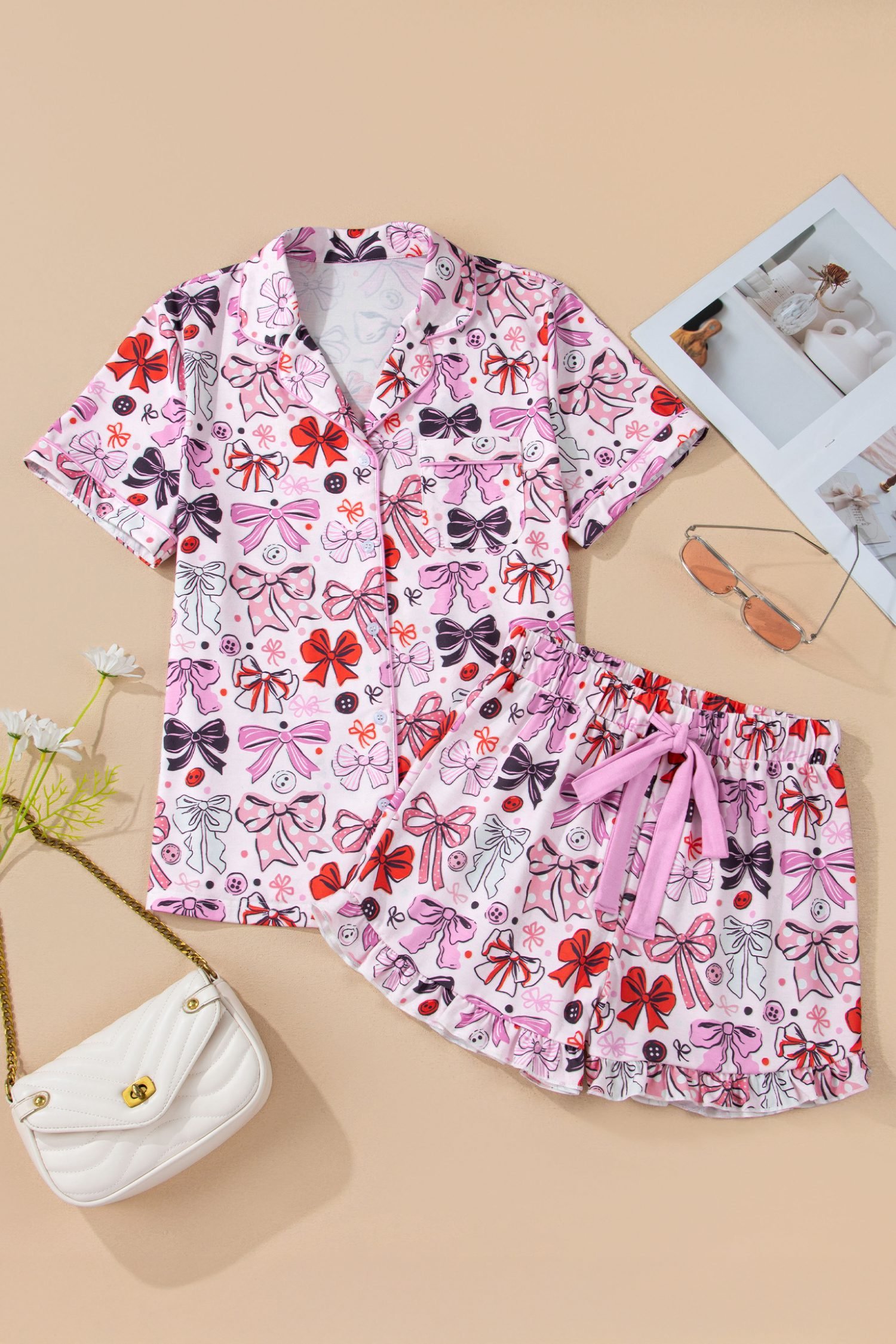 Pink Cute Ribbon Bows Printed 2pcs Short Pajama Set