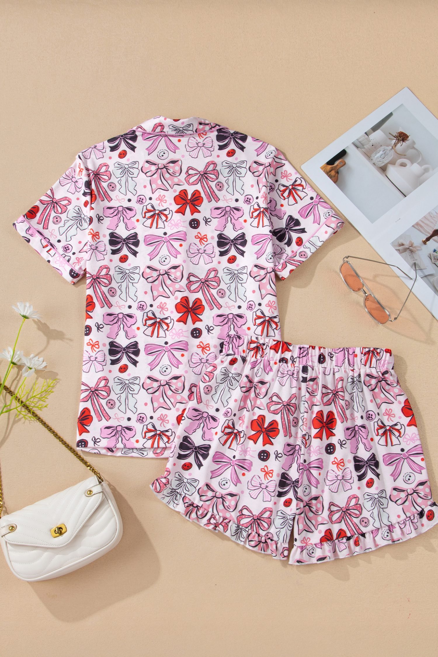Pink Cute Ribbon Bows Printed 2pcs Short Pajama Set