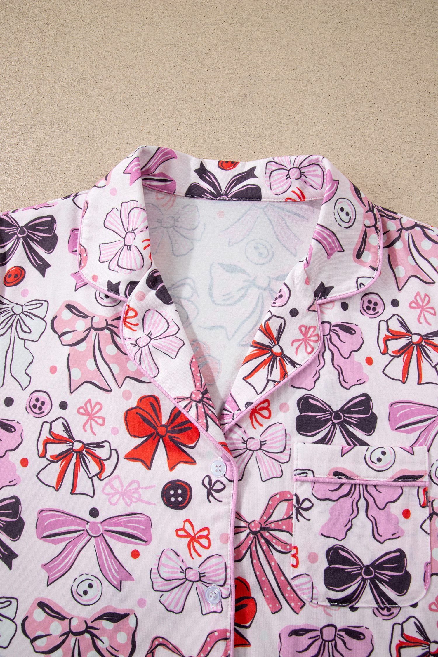 Pink Cute Ribbon Bows Printed 2pcs Short Pajama Set