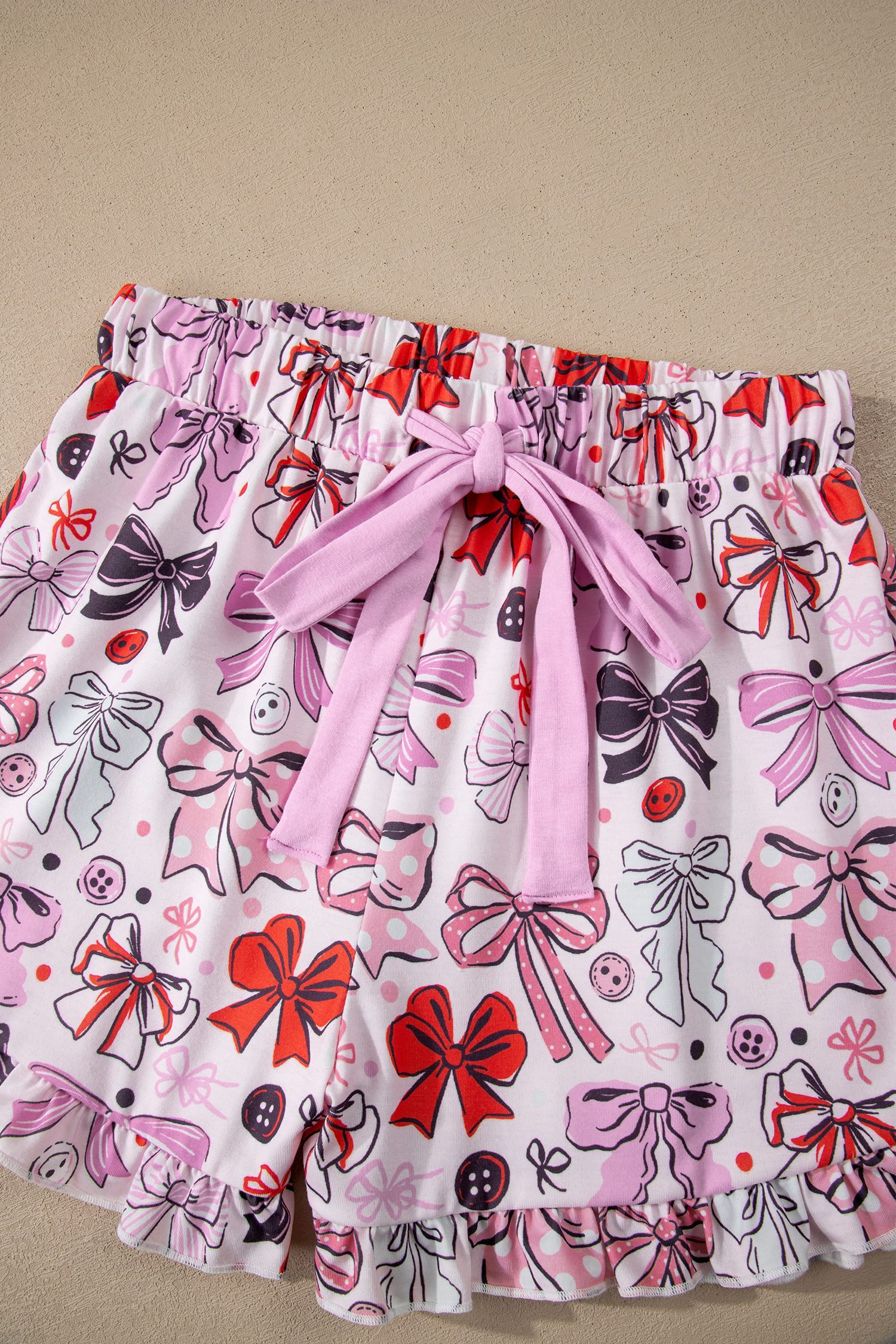 Pink Cute Ribbon Bows Printed 2pcs Short Pajama Set