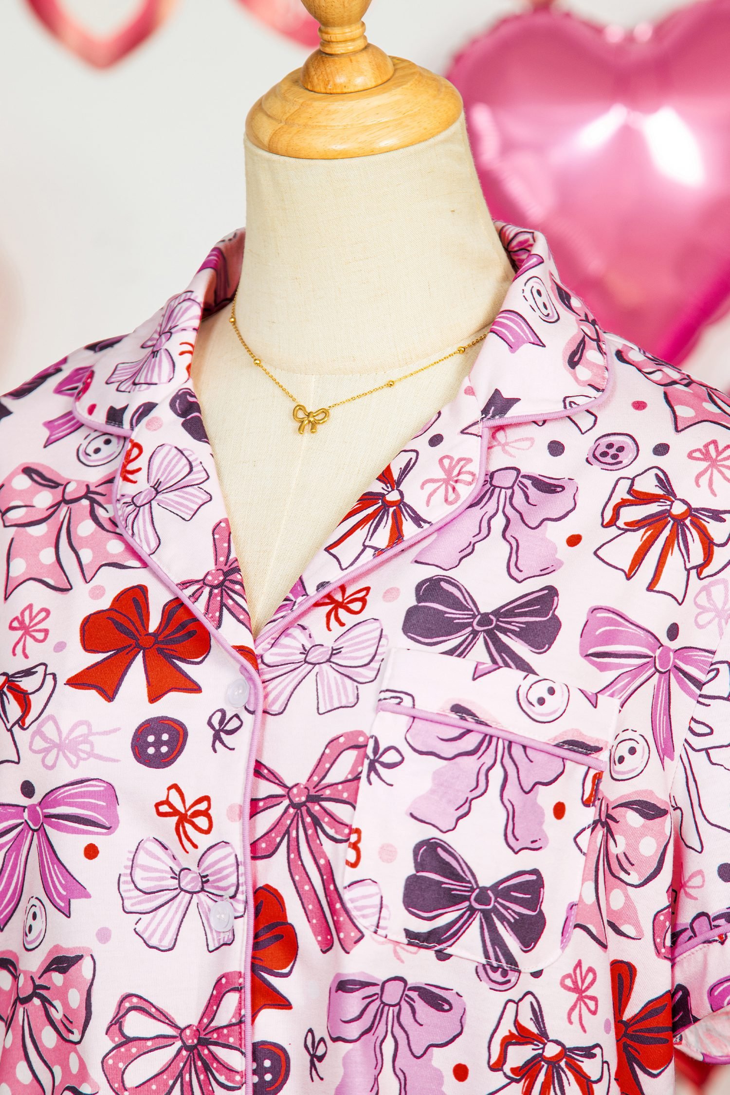 Pink Cute Ribbon Bows Printed 2pcs Short Pajama Set