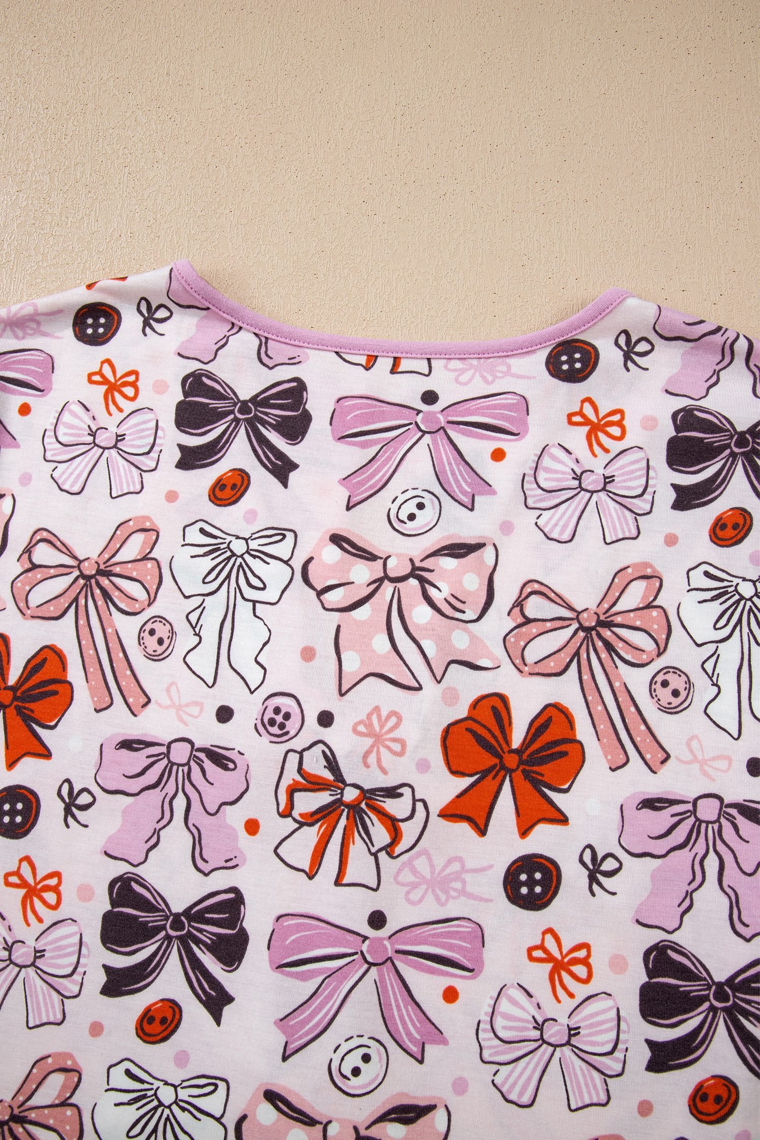 Pink Diverse Bows Buttons Printed Contrast Trim Short Sleeve Shirt Pajama Pant Set