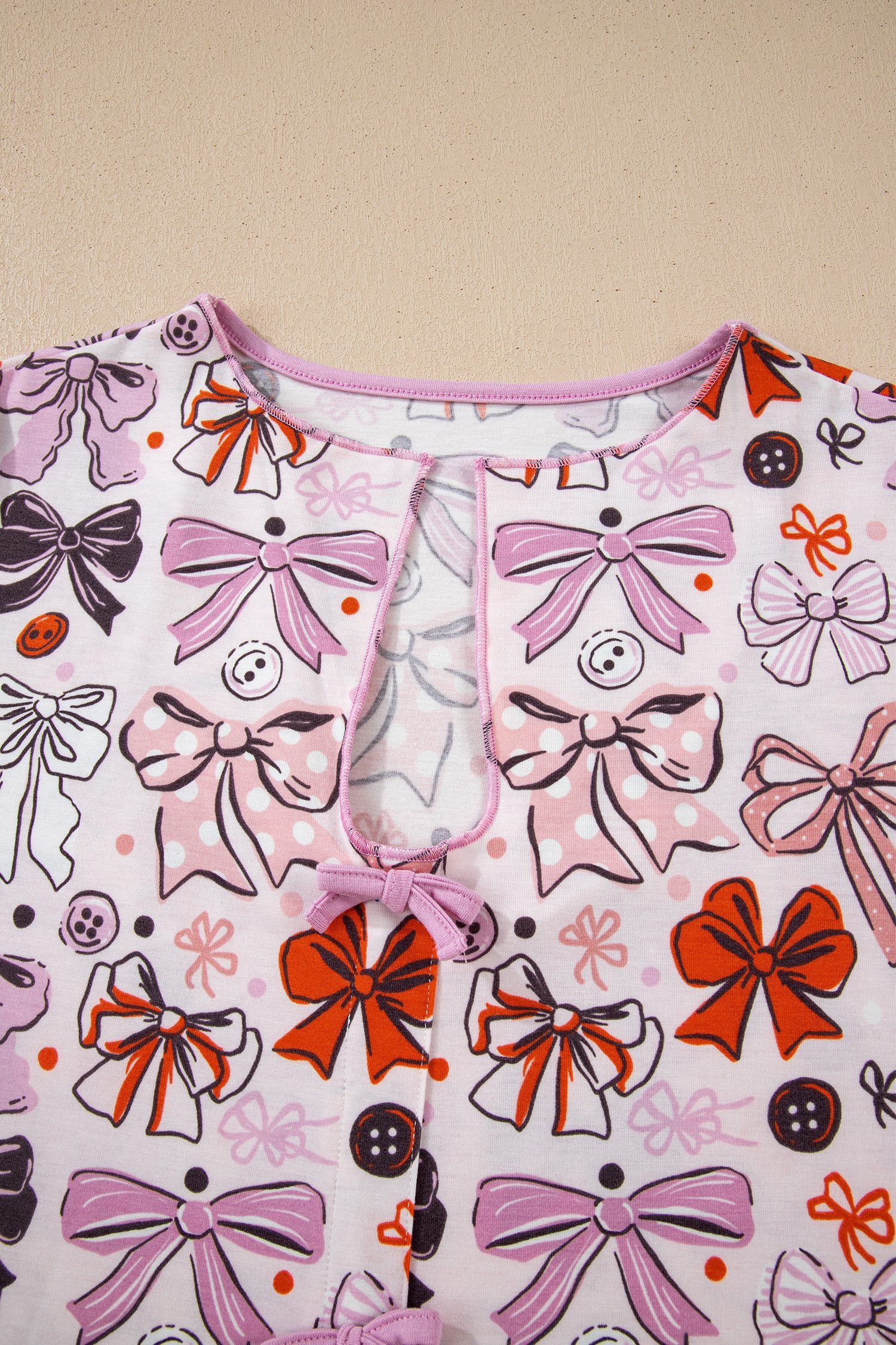 Pink Diverse Bows Buttons Printed Contrast Trim Short Sleeve Shirt Pajama Pant Set