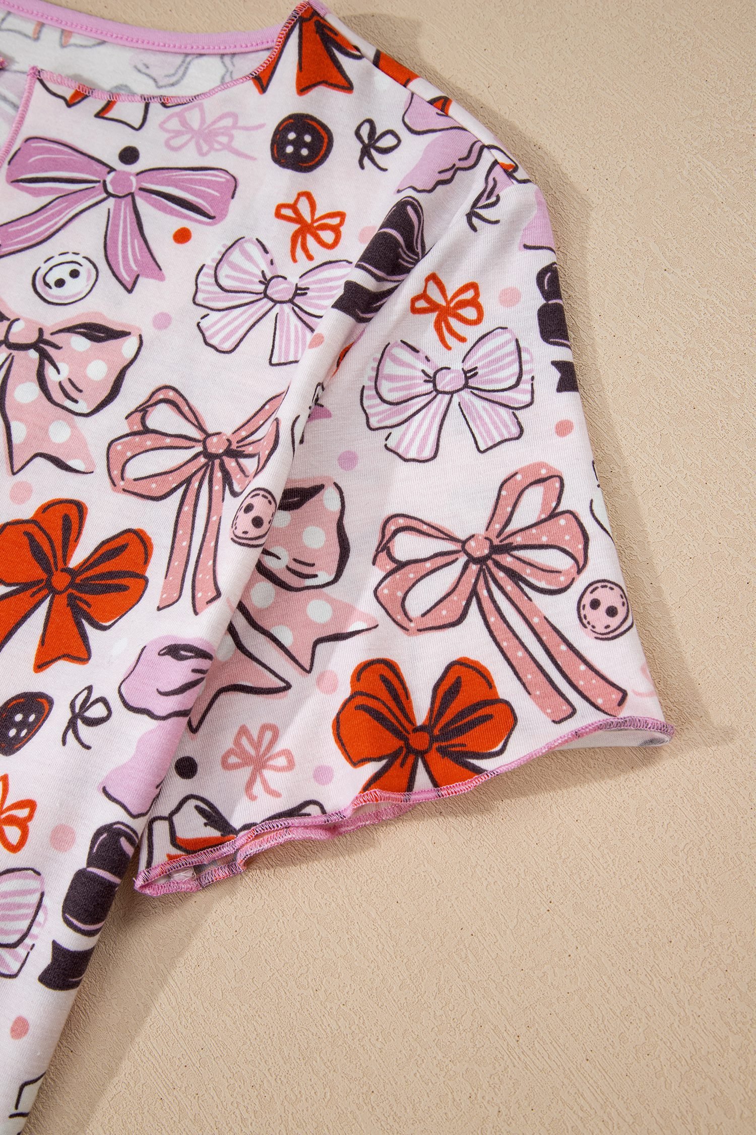 Pink Diverse Bows Buttons Printed Contrast Trim Short Sleeve Shirt Pajama Pant Set