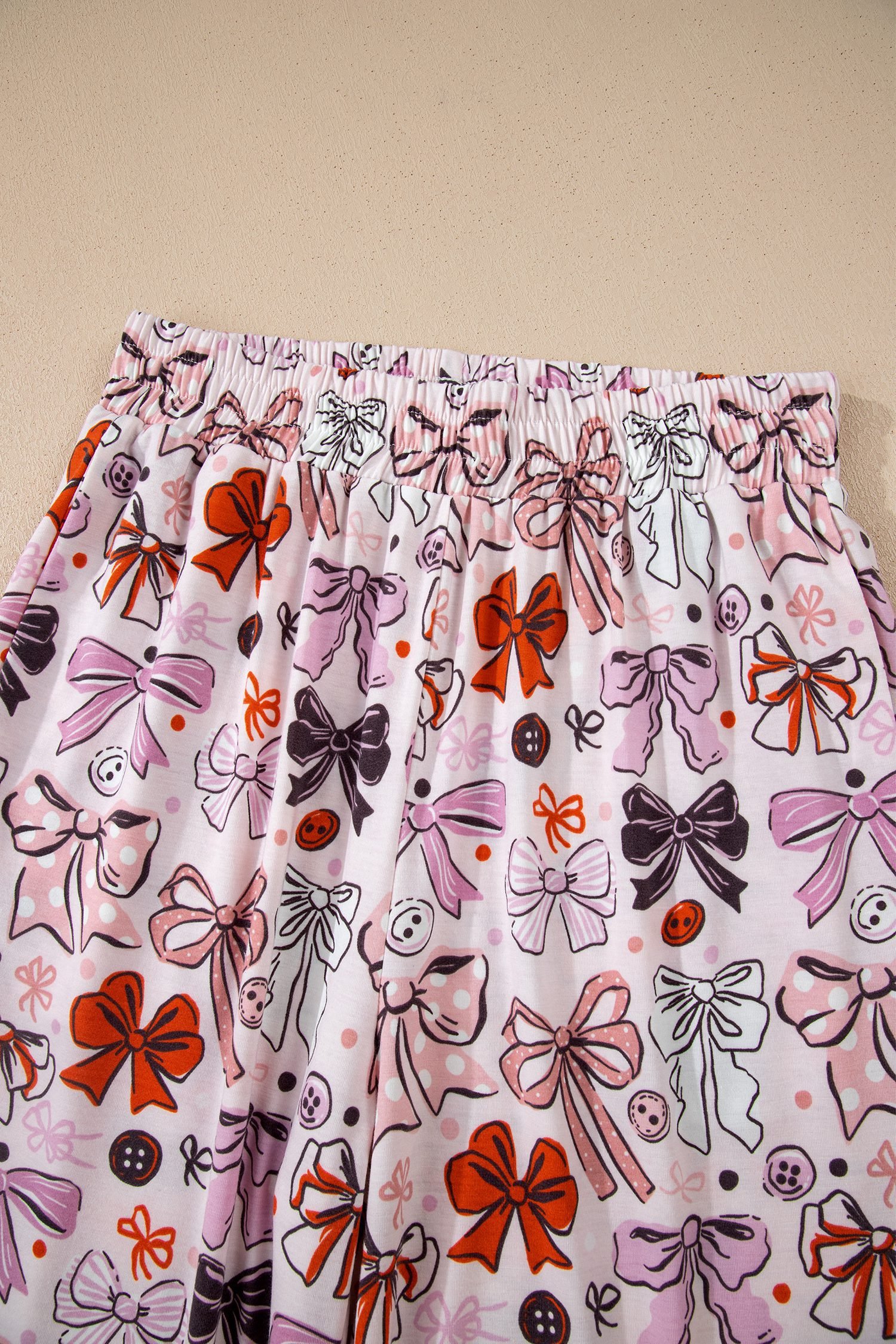 Pink Diverse Bows Buttons Printed Contrast Trim Short Sleeve Shirt Pajama Pant Set
