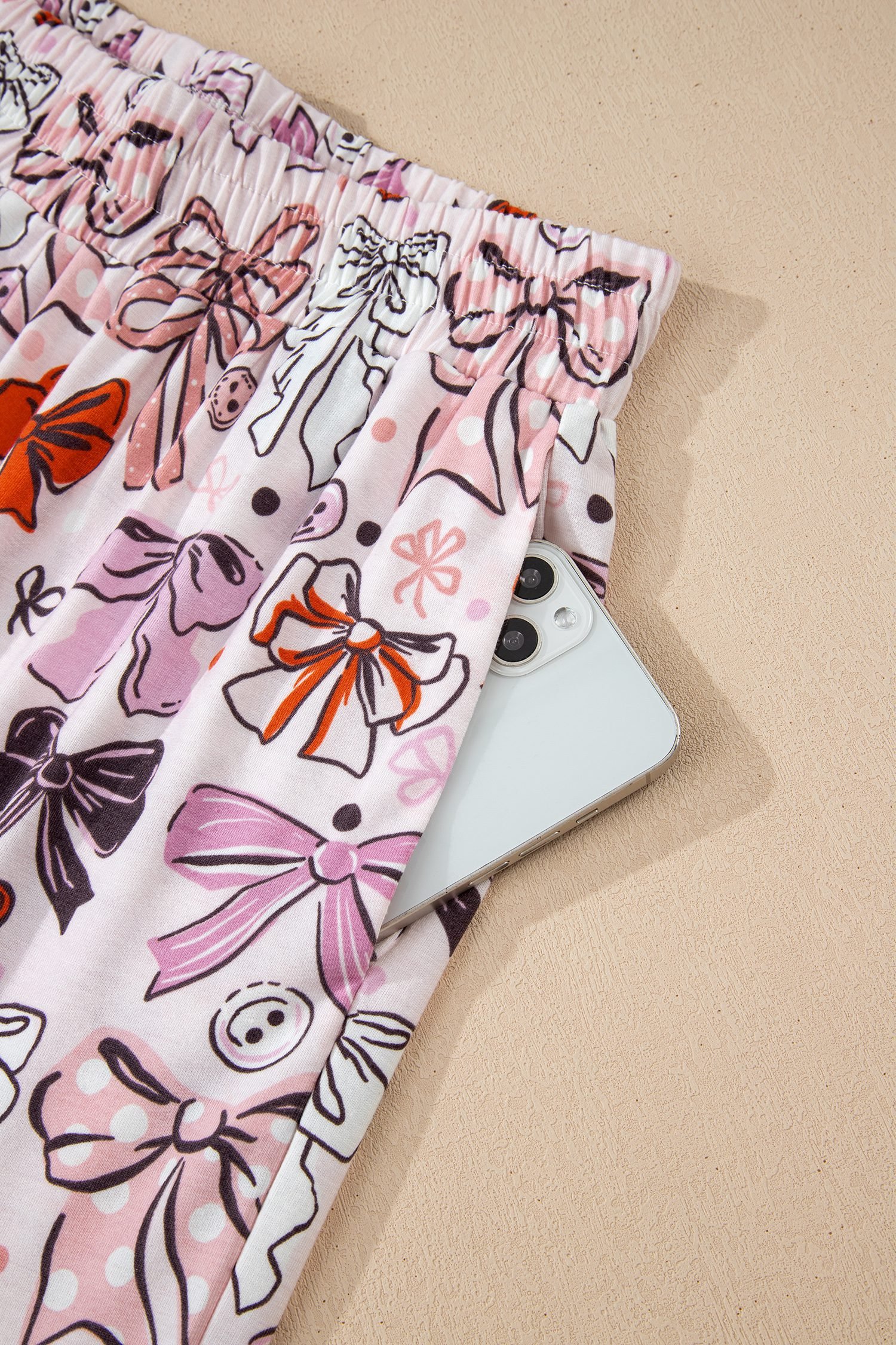 Pink Diverse Bows Buttons Printed Contrast Trim Short Sleeve Shirt Pajama Pant Set