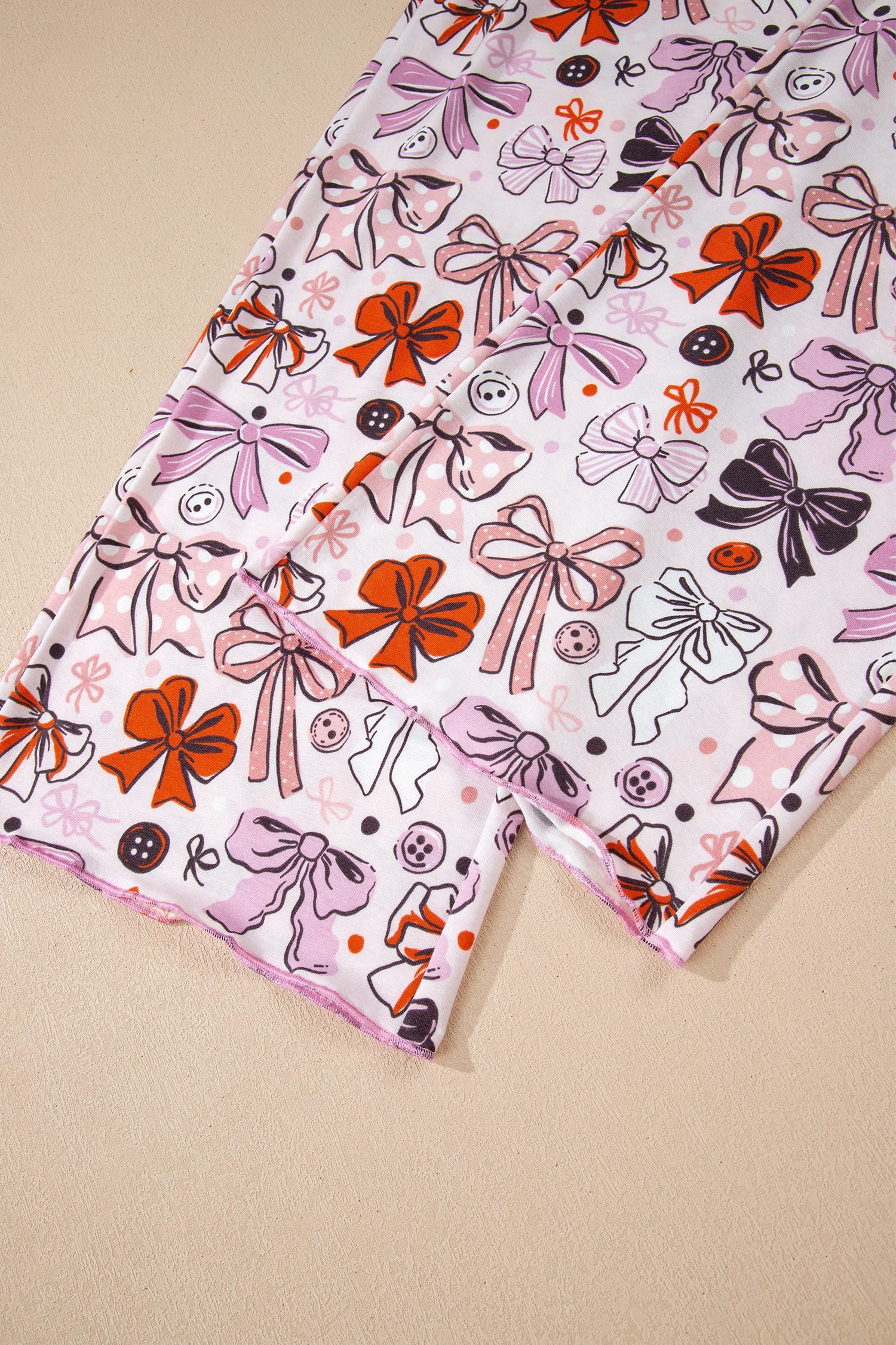 Pink Diverse Bows Buttons Printed Contrast Trim Short Sleeve Shirt Pajama Pant Set