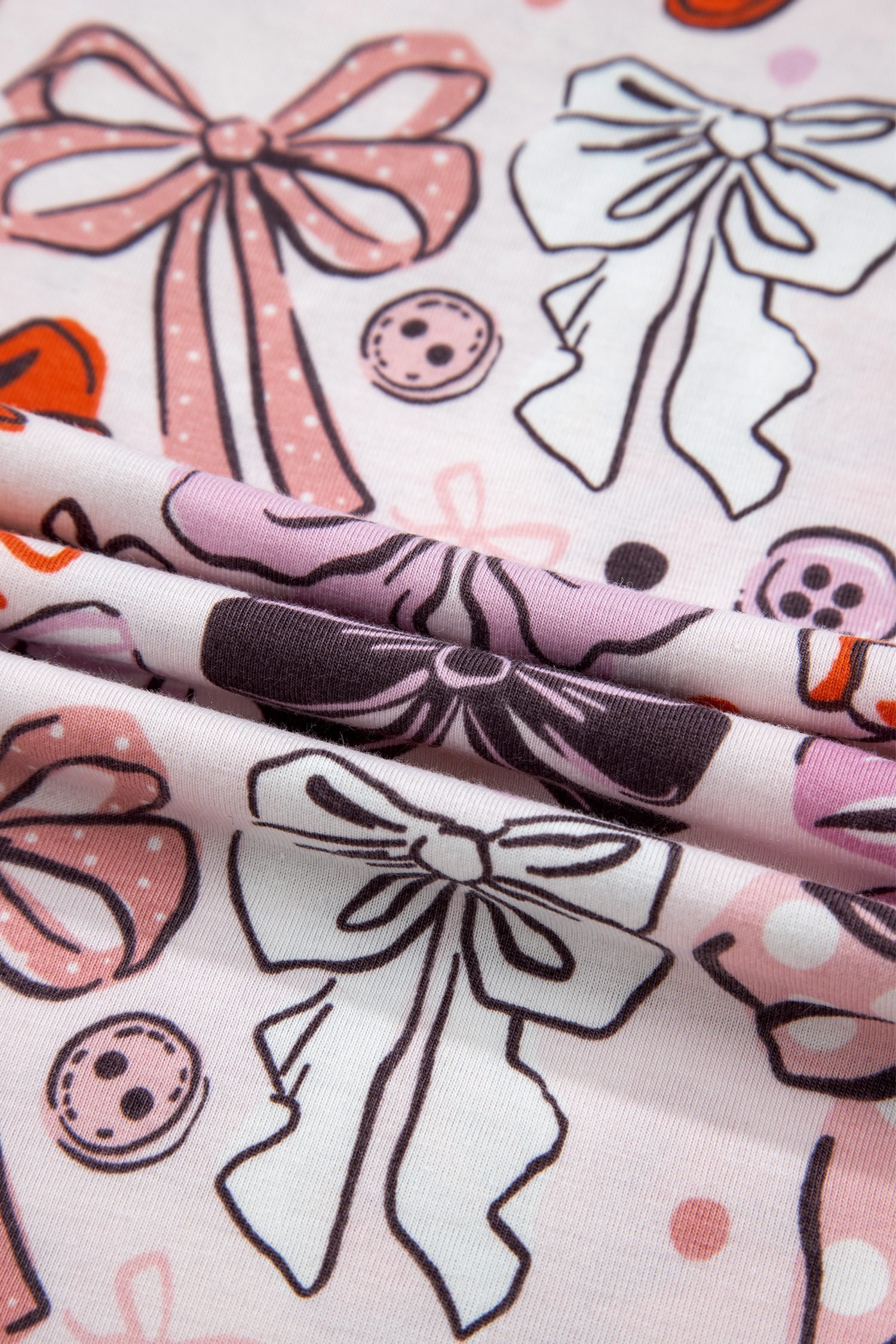 Pink Diverse Bows Buttons Printed Contrast Trim Short Sleeve Shirt Pajama Pant Set