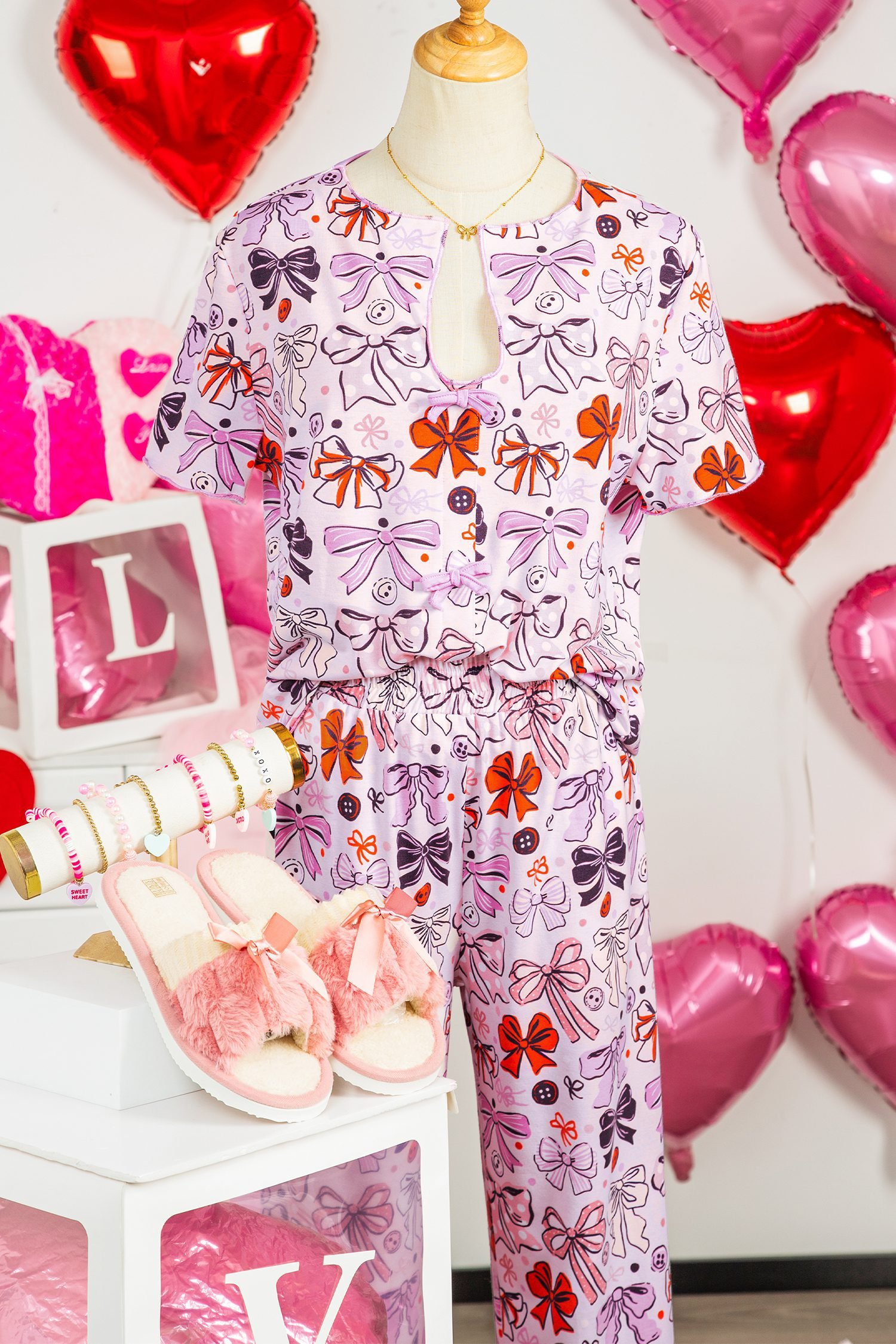 Pink Diverse Bows Buttons Printed Contrast Trim Short Sleeve Shirt Pajama Pant Set