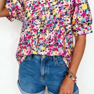 Pink Flower Print Frilled Collar Short Puff Sleeve Summer Blouse