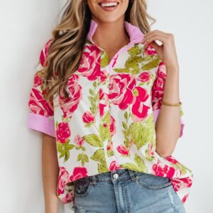 Pink Flower Print Striped Trim Frilled Collar Short Sleeve Shirt