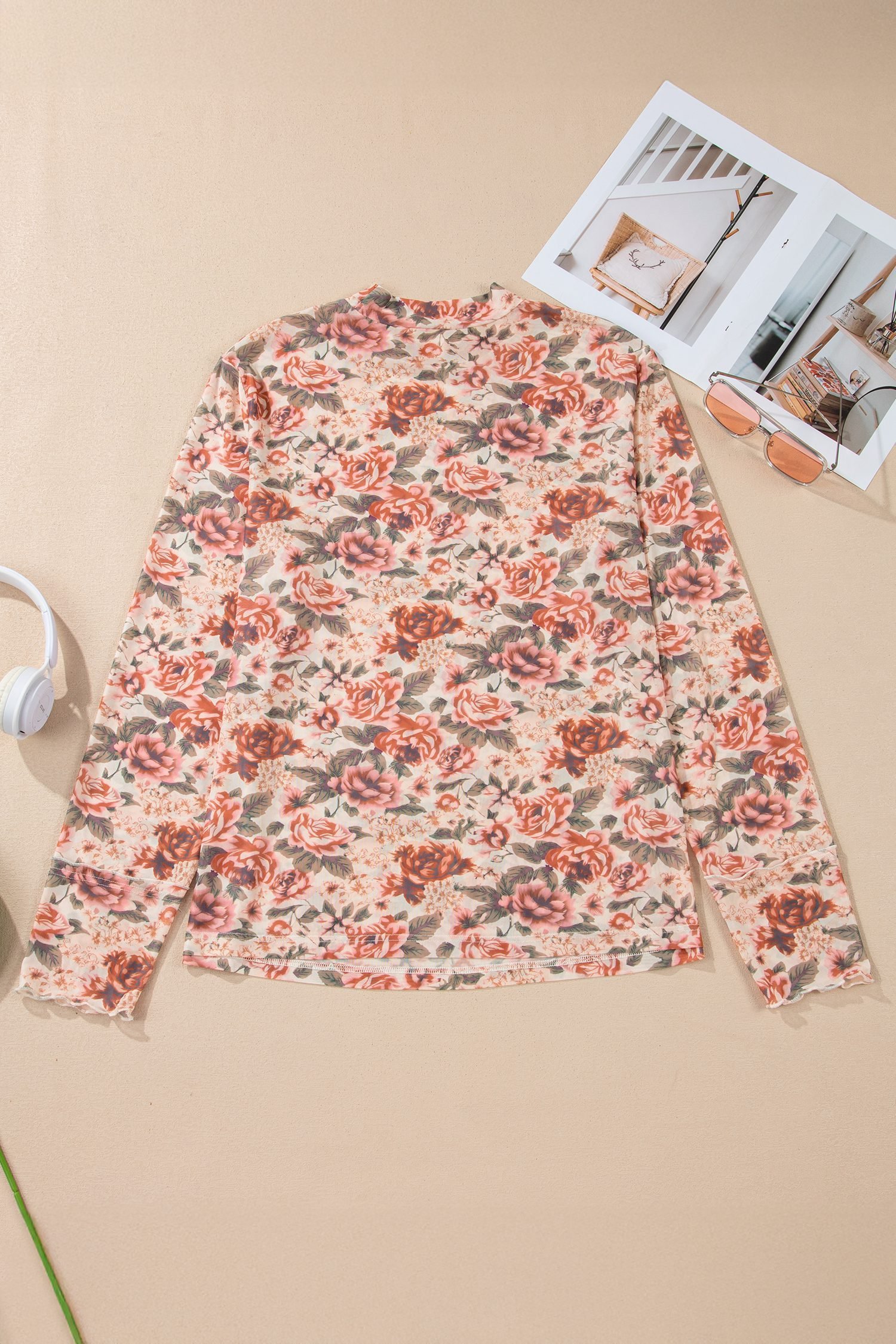 Pink Plus Size Floral Mock Neck Long Sleeve Slim Top