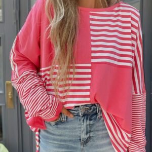 Pink Stripe Color Block Patchwork Drop Shoulder Long Sleeve Tunic Top