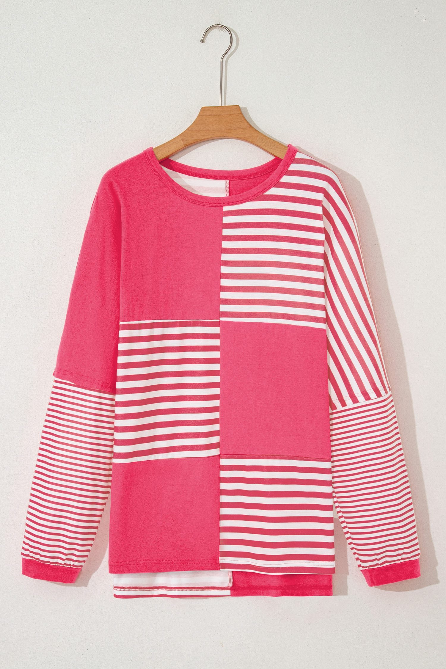 Pink Stripe Color Block Patchwork Drop Shoulder Long Sleeve Tunic Top
