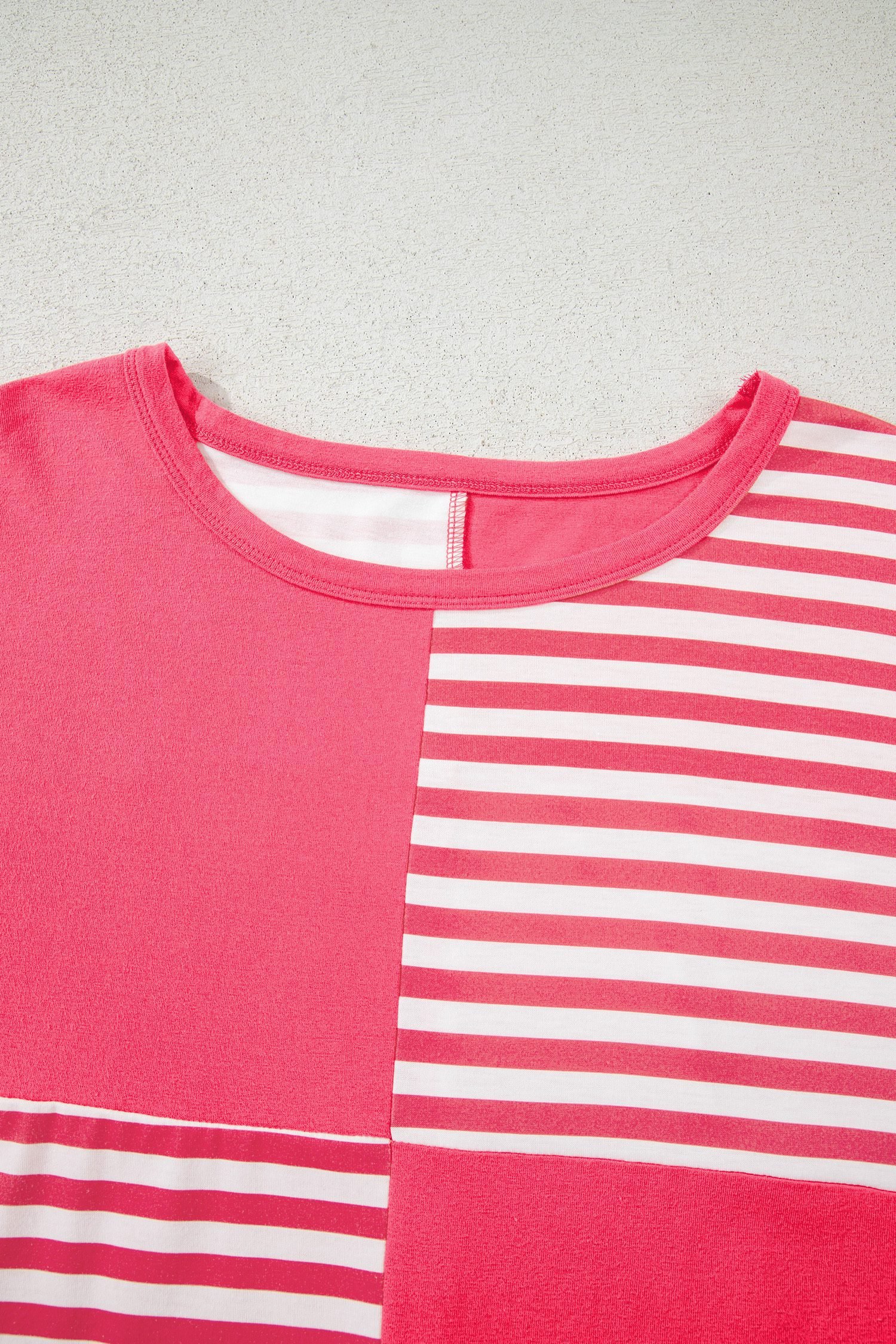 Pink Stripe Color Block Patchwork Drop Shoulder Long Sleeve Tunic Top