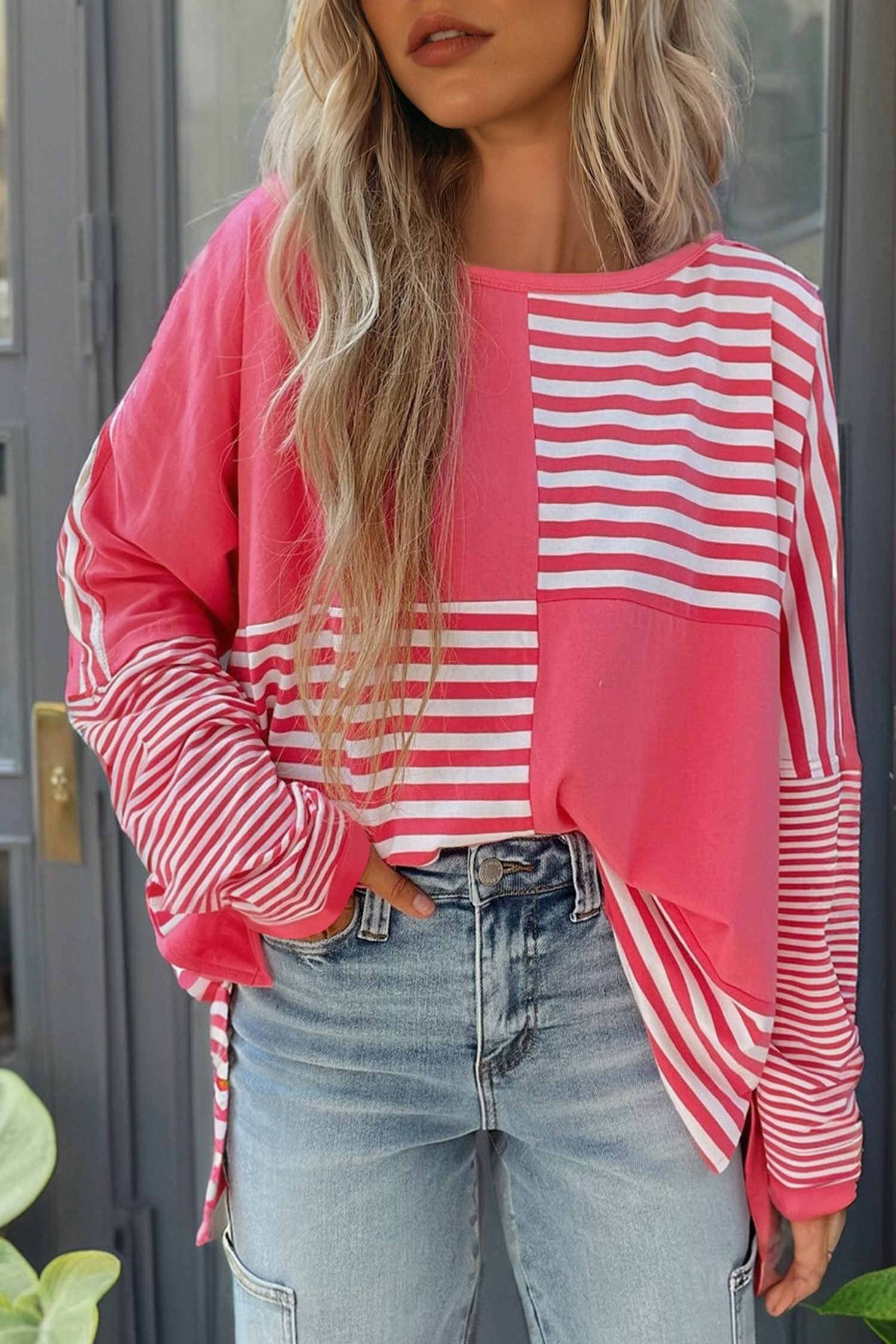 Pink Stripe Color Block Patchwork Drop Shoulder Long Sleeve Tunic Top