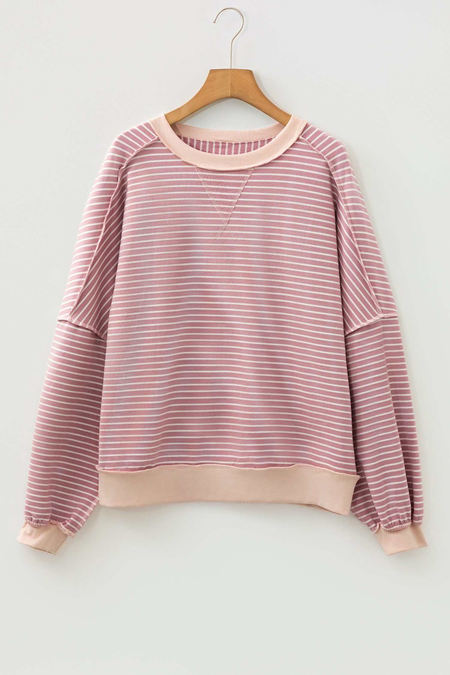 Pink Stripe Exposed Stitching Patchwork Casual Long Sleeve Top
