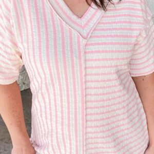Pink Stripe Plus Size V Neck Exposed Seam Patchwork T Shirt