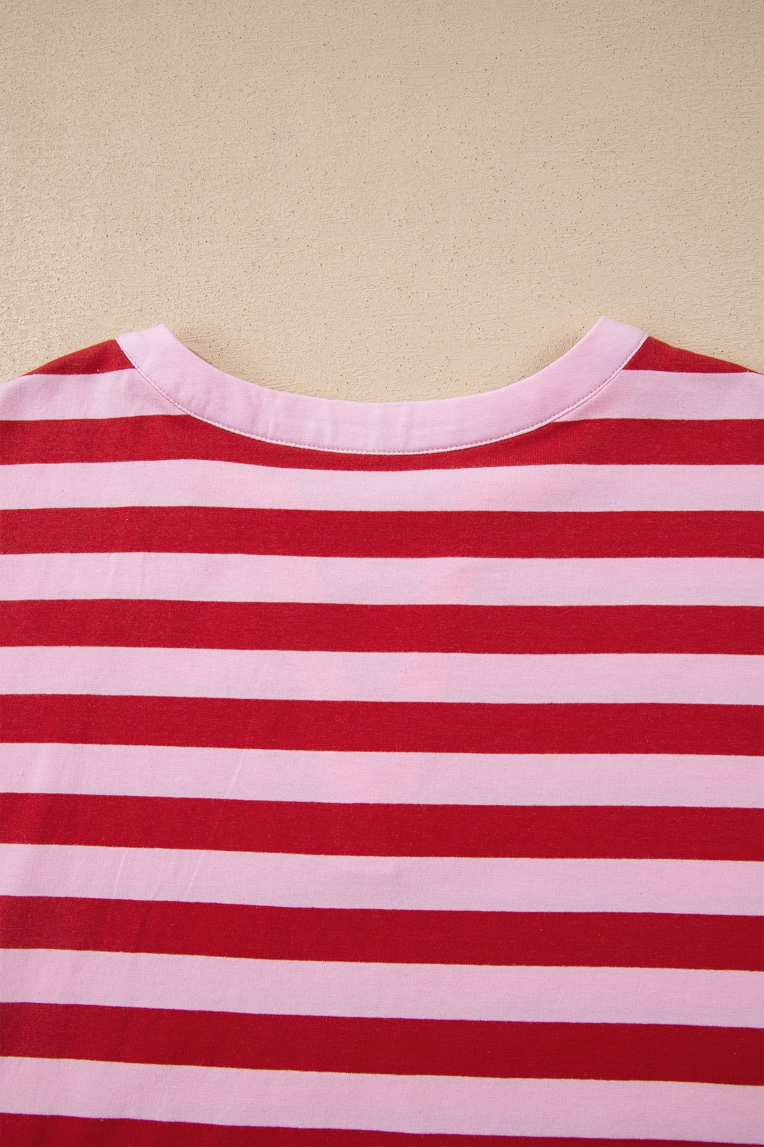 Pink Stripe Split V Neck Casual T Shirt