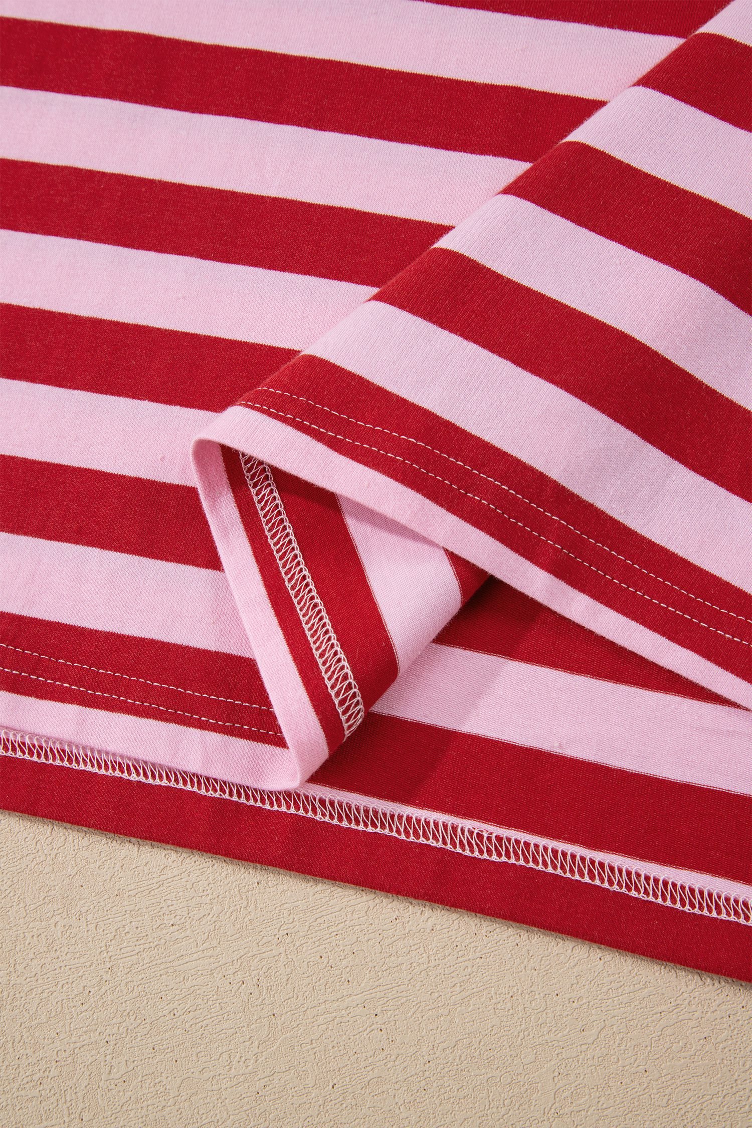 Pink Stripe Split V Neck Casual T Shirt