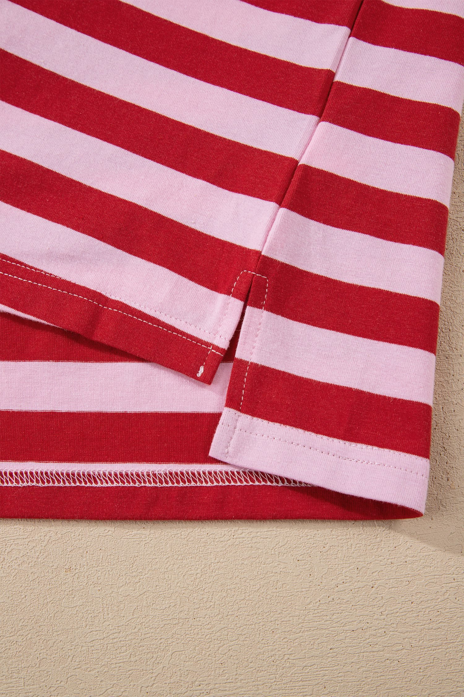 Pink Stripe Split V Neck Casual T Shirt