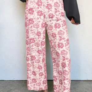Pink Vintage Floral Print Denim Shift Pants