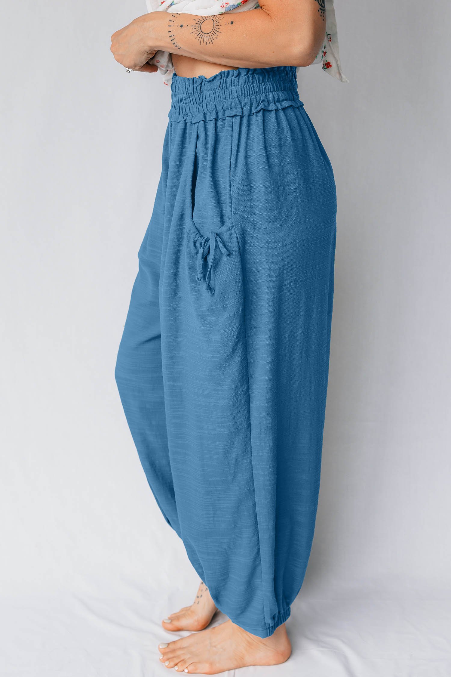 Prussian Blue Smocked Waist Casual Jogger Style Pants