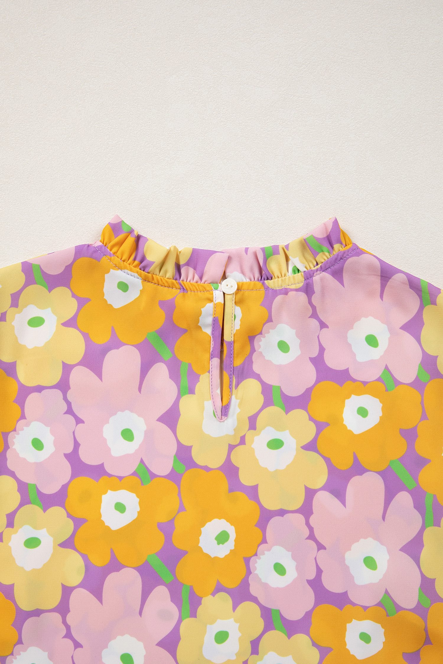 Purple Frilled Neck Puff Short Sleeve Flower Top
