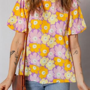 Purple Frilled Neck Puff Short Sleeve Flower Top