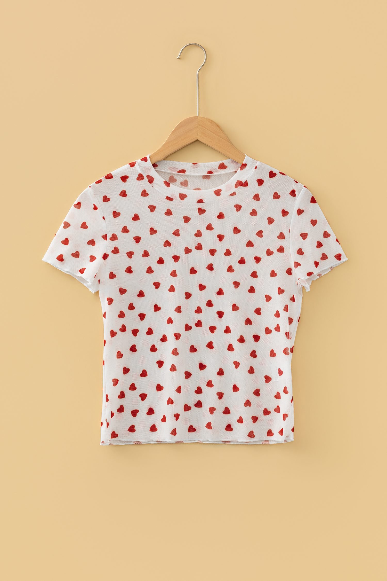 Red Allover Heart Print Mesh Short Sleeve Top