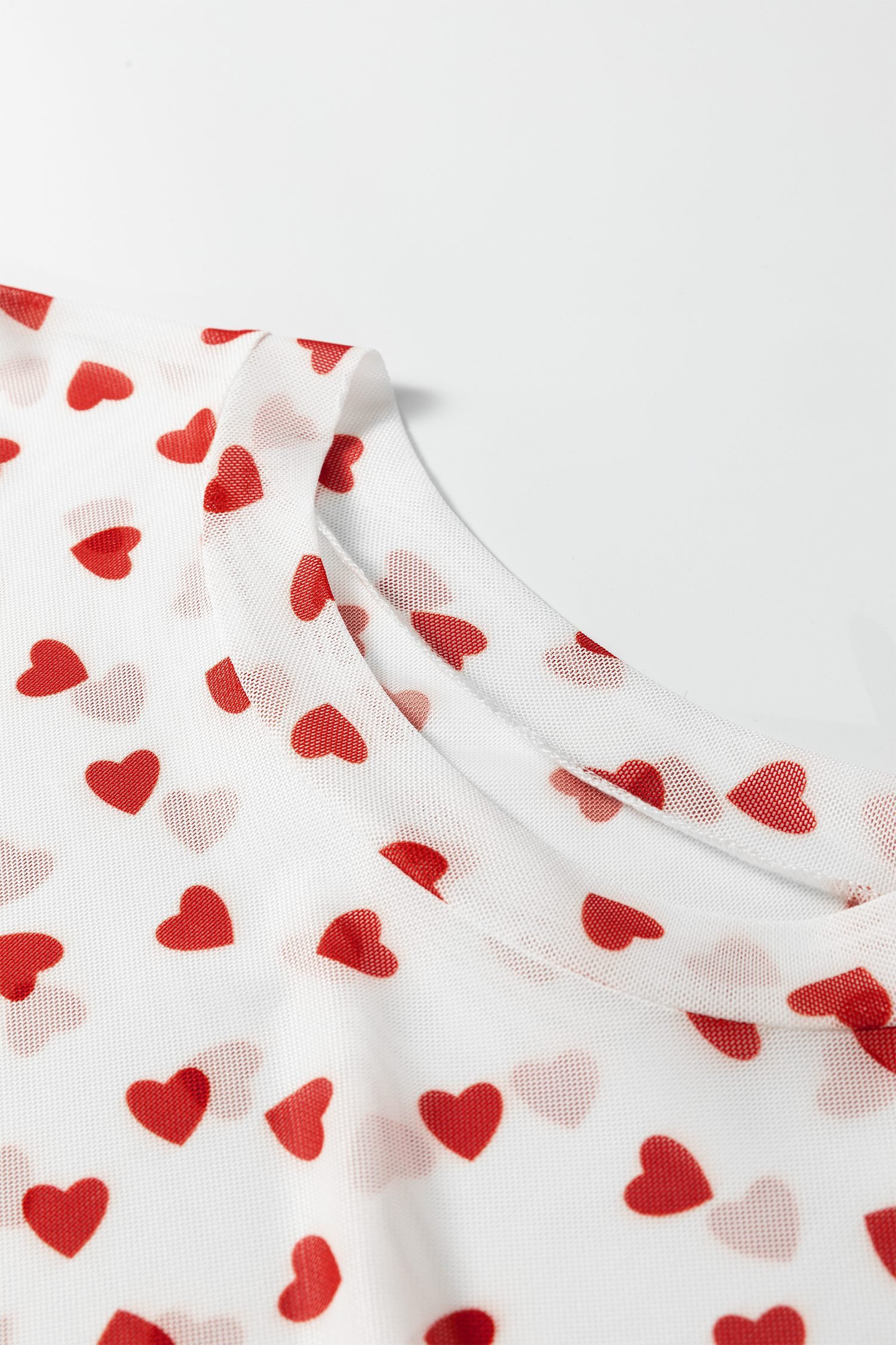 Red Allover Heart Print Mesh Short Sleeve Top