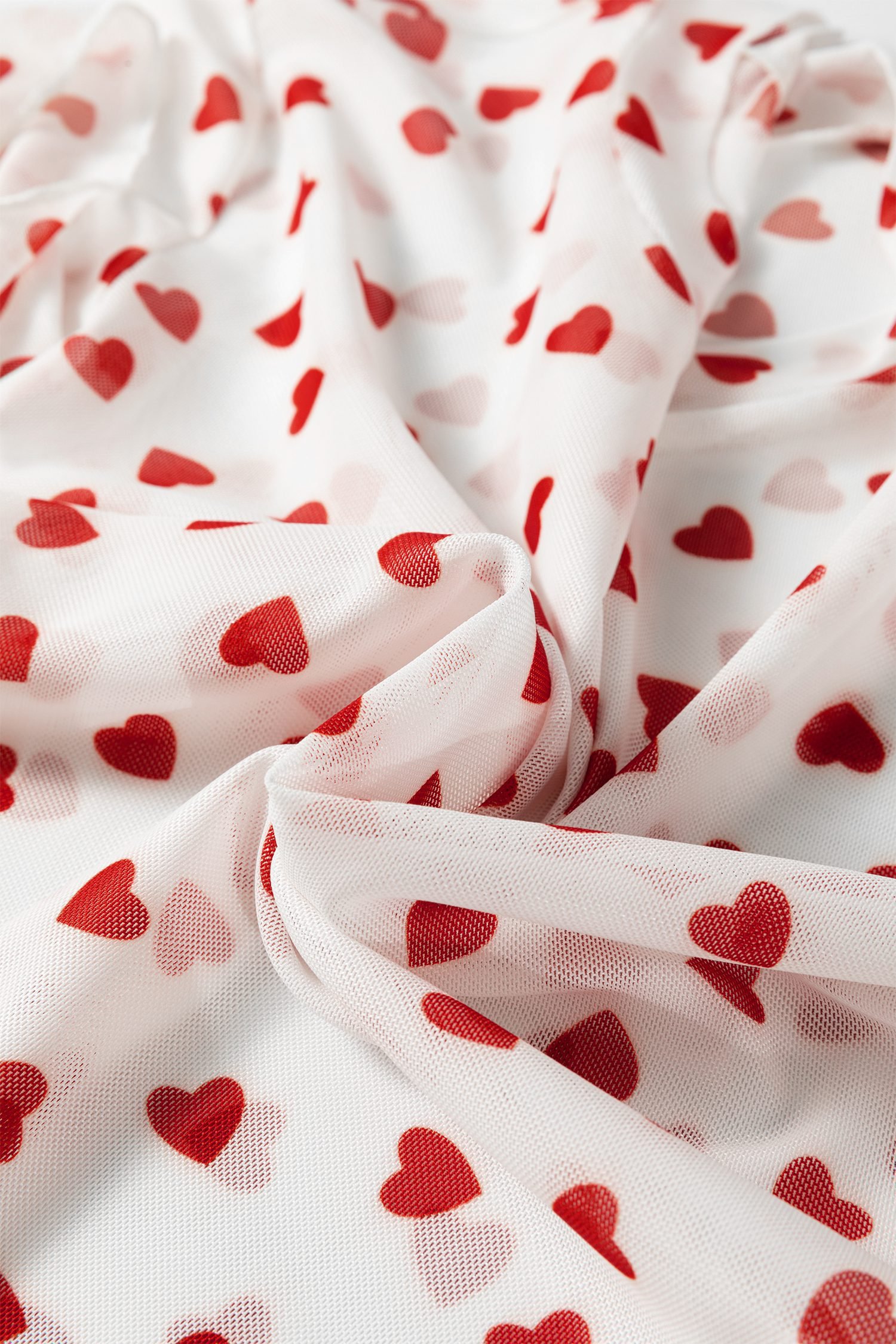 Red Allover Heart Print Mesh Short Sleeve Top