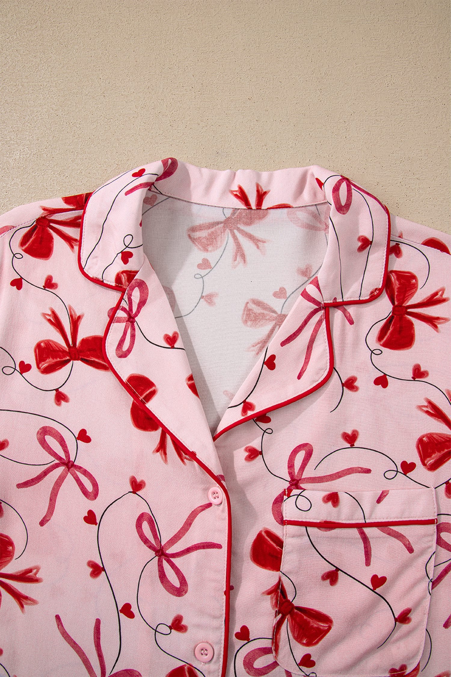 Red Bow Print Valentine Long Sleeve Shirt Shorts 2 Pcs Pajama Set