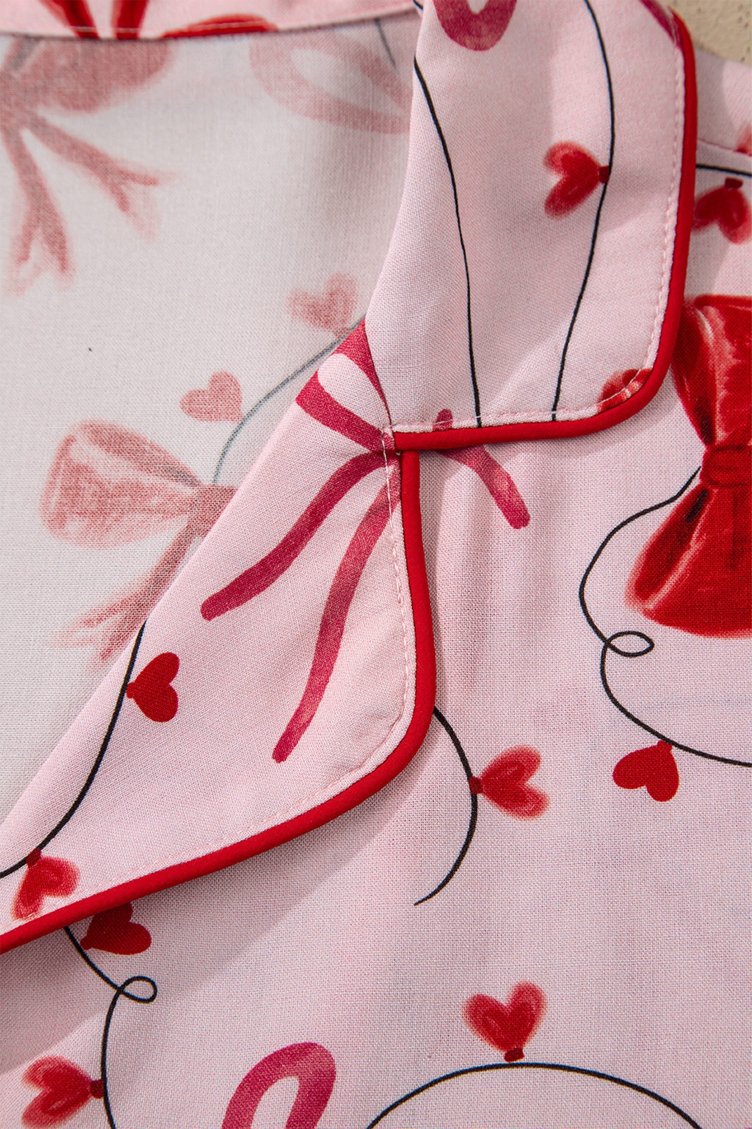 Red Bow Print Valentine Long Sleeve Shirt Shorts 2 Pcs Pajama Set