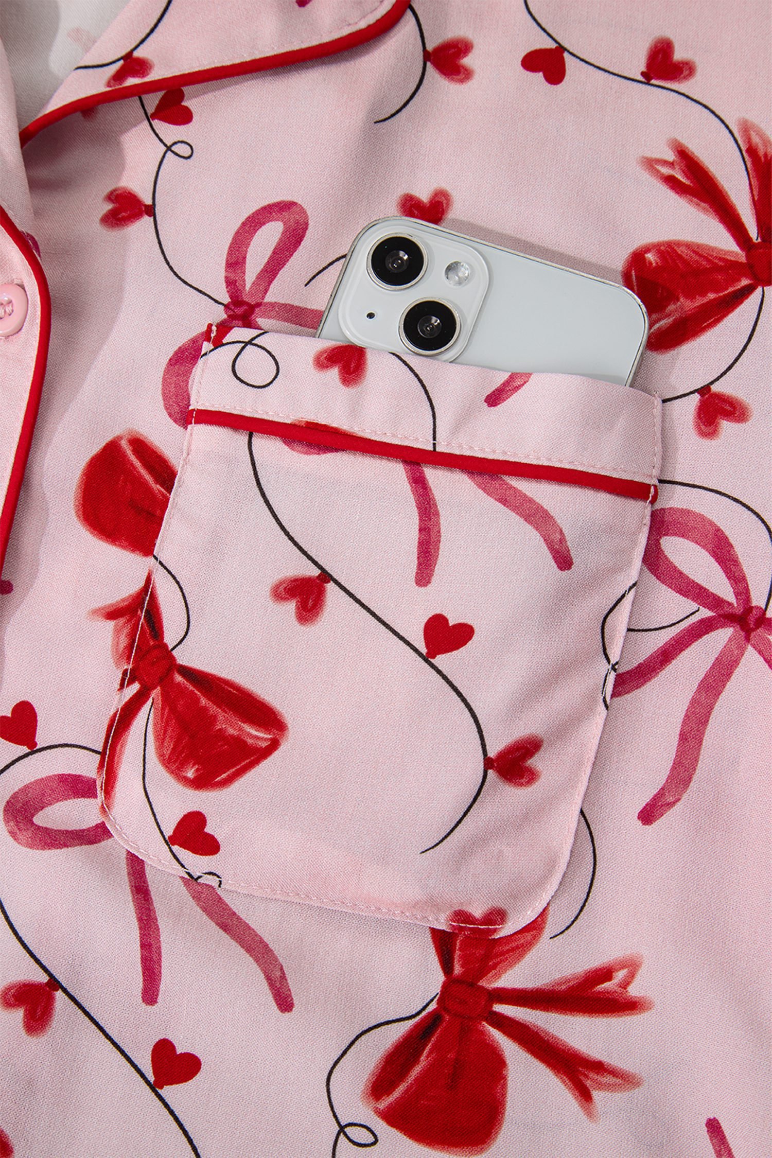 Red Bow Print Valentine Long Sleeve Shirt Shorts 2 Pcs Pajama Set
