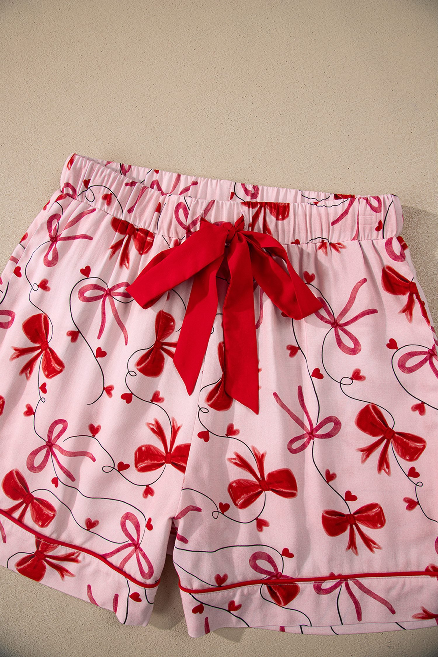 Red Bow Print Valentine Long Sleeve Shirt Shorts 2 Pcs Pajama Set